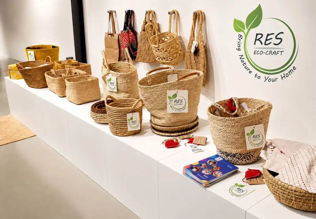 RES Eco-Craft woven baskets and bags on display with the RES Eco-Craft logo