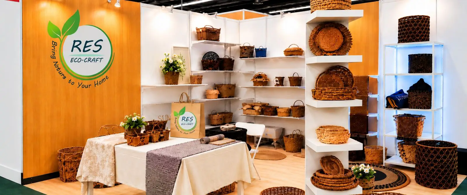 RES Eco-Craft branded booth at a trade exhibition, displaying seagrass and jute baskets, trays and bags