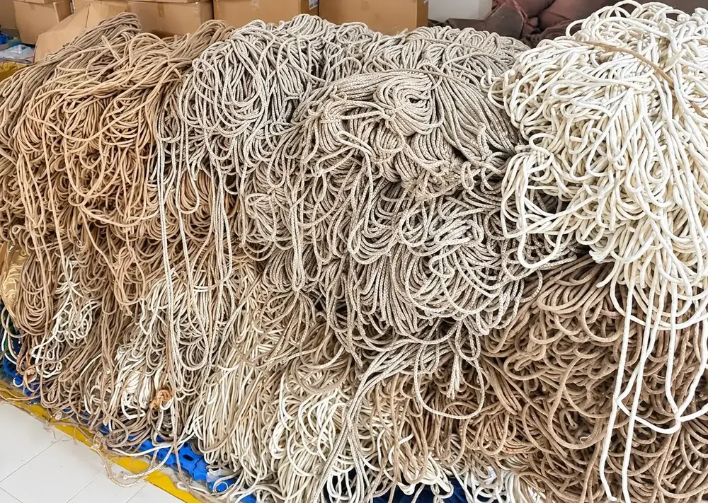 Raw natural fibre rope and yarn bundles ready for weaving at RES Eco-Craft