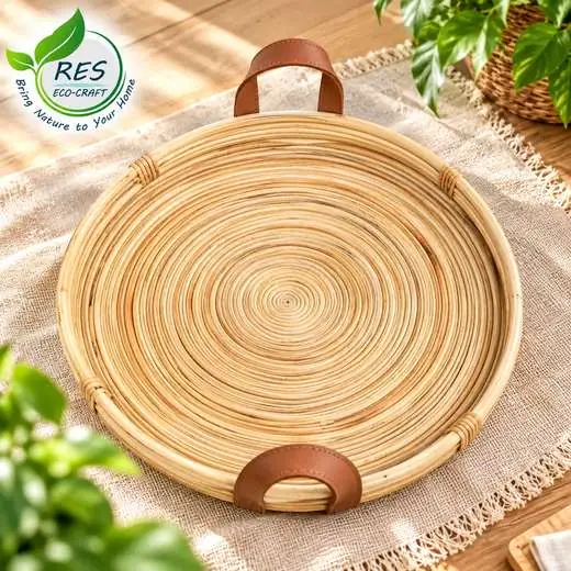 Rattan Round Serving Tray with Leather Handles by RES Eco-Craft