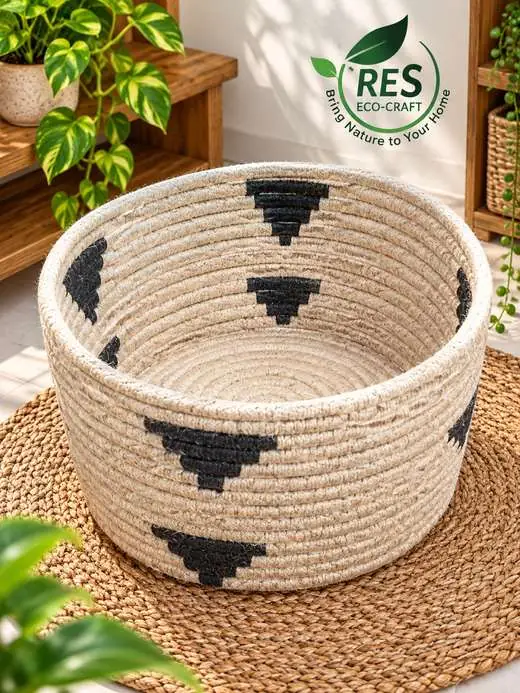Round Coiled Jute Basket with Geometric Pattern by RES Eco-Craft